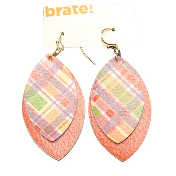 Faux Leather Leaf Shape Dangle Earrings Double Layered Burnt Orange Gingham - Picture 1 of 3